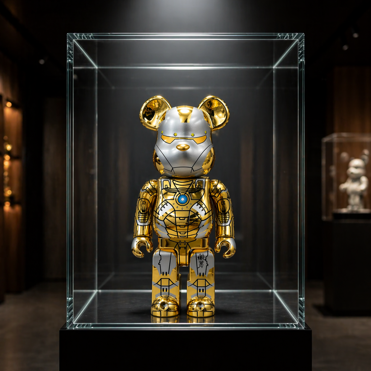 Bearbrick Iron Man Metropolis Gold in display case
